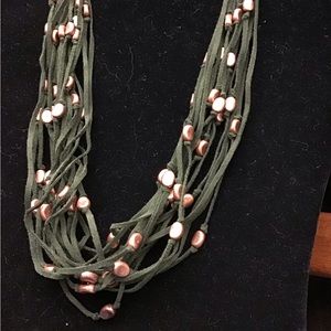 NWOT Beautiful Coldwater Creek Blue Leather and Light Gray bead Necklace